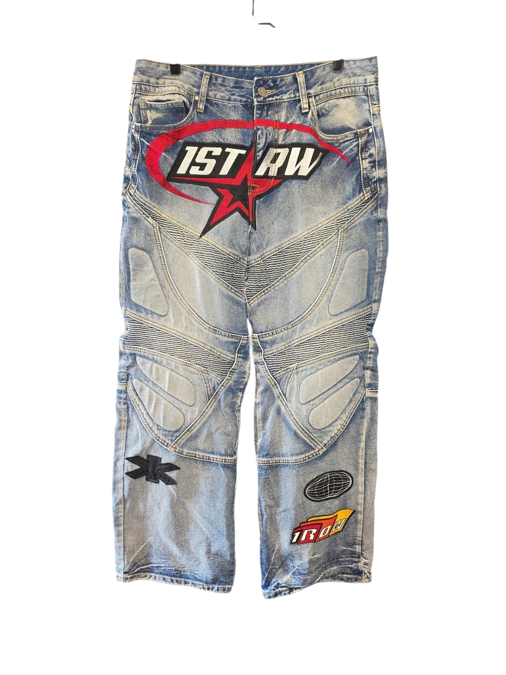 FIRST ROW: Fast Life Y2K DenMen's Light Wash Graphic Patch Jeans with Red Accent